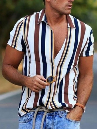 blanco Camisa casual para hombre Cuello vuelto Rayas elegantes Camisas blancas para hombre