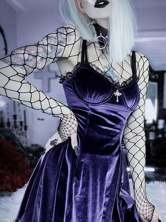Vestido gótico Mallas púrpuras Recortadas Encaje Sin mangas Poliéster  Bodycon Vestido gótico sexy con lencería