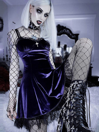 Vestido gótico roxo redes recortadas de renda sem mangas de poliéster Bodycon vestido gótico sexy deslizante