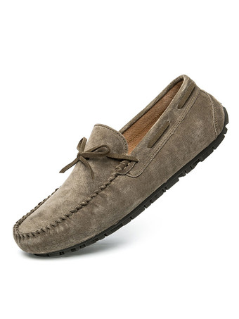 Khaki Belgian Loafer Shoes For Men Cosy Suede Leather Bows Slip-On Khaki Casual Flat Shoes