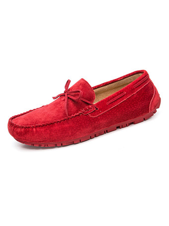 Red Belgian Loafer Shoes For Men Cosy Suede Leather Bows Slip-On Khaki Casual Flat Shoes