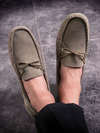 Belgian Loafer Shoes For Men Cosy Suede Leather Bows Slip-On Khaki Casual Flat Shoes