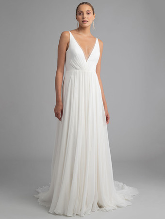 Ivoire Robe de mariée simple blanche en mousseline de soie col V boutonné sur dos à traîne
