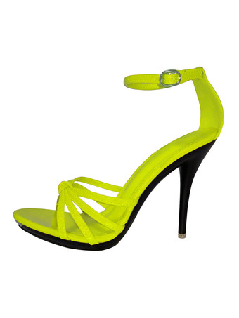 イエローセクシーヒールサンダルブラックスティレットヒールオープントゥPUレザーサマーアンクルストラップヒール