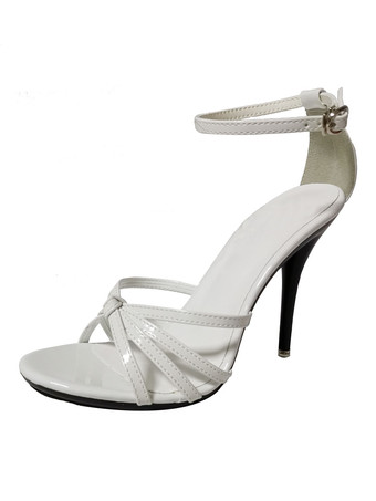 ホワイト セクシーヒールサンダルブラックスティレットヒールオープントゥPUレザーサマーアンクルストラップヒール