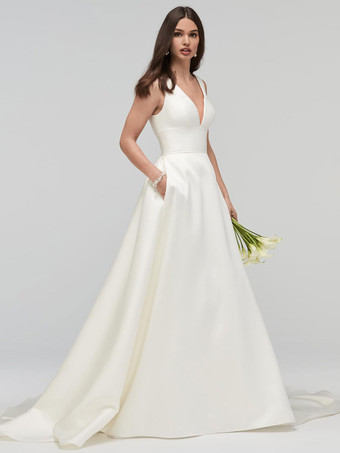 A Linie Brautkleid elfenbeinweiß Brautkleider große Größen Satingewebe V-Ausschnitt ärmellos A Linie Hochzeitskleid