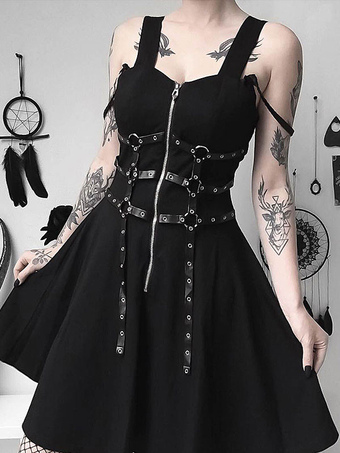 Black Gothic Dress Buttons Zipper Metal Details Square Neck Sleeveless Polyester Bodycon Retro Gothic Dress