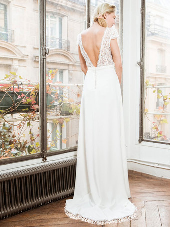 ホワイトシンプルなウェディングドレスAラインストラップレスバックレス半袖レースサテン生地ロングブライダルドレス