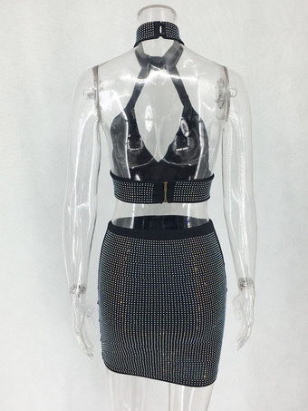 ライトグレー クラブセット レディース ラウンドカラー カットアウト ノースリーブ オープンショルダー ボディコン セクシー ミニドレス