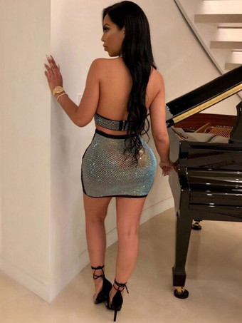 ライトグレー クラブセット レディース ラウンドカラー カットアウト ノースリーブ オープンショルダー ボディコン セクシー ミニドレス