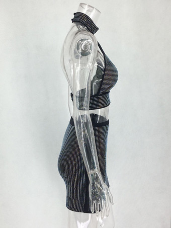 ライトグレー クラブセット レディース ラウンドカラー カットアウト ノースリーブ オープンショルダー ボディコン セクシー ミニドレス