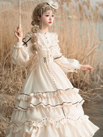 Sweet Lolita OP Dress Light Apricot Polyester Long Sleeves Cascading  Ruffles Lace Up Criss-Cross Lolita One Piece Dress