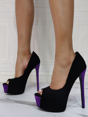 女性セクシーハイヒールブラックピープトウスティレットヒールマイクロスエードセクシーハイヒール