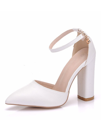 女性のための白いヒールサンダル分厚いヒール先のとがったつま先PUレザーセクシーなアンクルストラップヒール