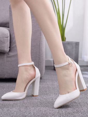 女性のための白いヒールサンダル分厚いヒール先のとがったつま先PUレザーセクシーなアンクルストラップヒール