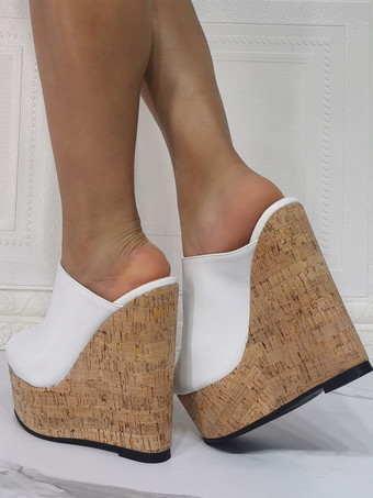 女性ウェッジサンダルホワイトアメージングPUレザーピープトウウェッジヒールヒールスリッパ