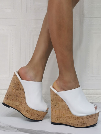 女性ウェッジサンダルホワイトアメージングPUレザーピープトウウェッジヒールヒールスリッパ