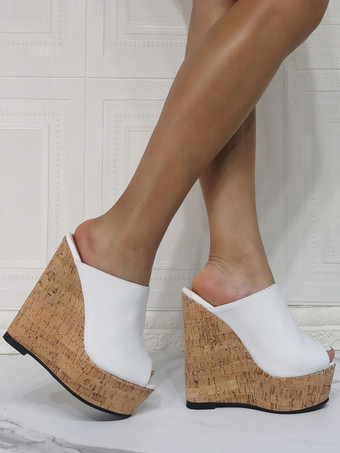 女性ウェッジサンダルホワイトアメージングPUレザーピープトウウェッジヒールヒールスリッパ