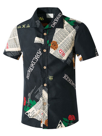 Black Casual Shirt For Men Turndown Collar Casual Words Print White Men's Shirts