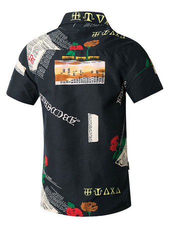 Casual Shirt For Men Turndown Collar Casual Words Print White Men's Shirts