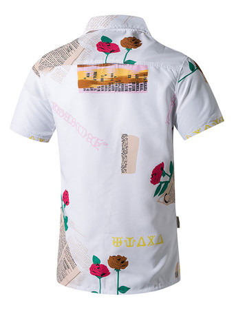 Casual Shirt For Men Turndown Collar Casual Words Print White Men's Shirts