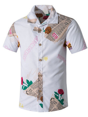 White Casual Shirt For Men Turndown Collar Casual Words Print White Men's Shirts