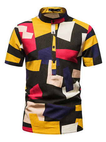 negro Camisa casual de hombre Cuello alto Camisas de hombre negras estampadas clásicas