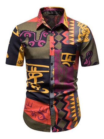 verde cazador Camisa Casual para Hombres Cuello De Turndown Casual Geométrico Cian Azul Men '' S