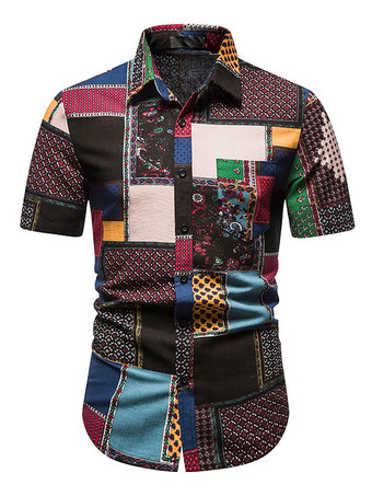 Black Casual Shirt For Men Turndown Collar Chic Geometric Black Men's Shirts