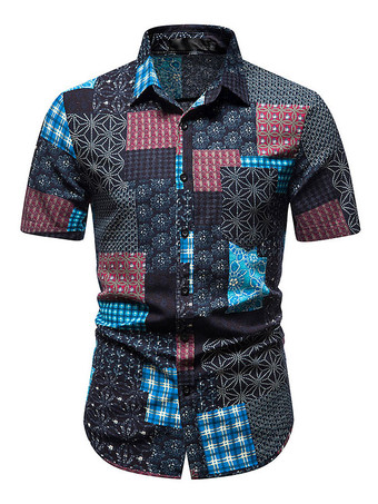 Black Casual Shirt For Men Turndown Collar Chic Geometric Black Men's Shirts