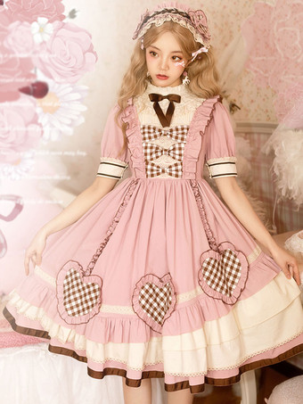 Sweet Lolita OP Dress Pink Ruffles Poliéster Manga corta Lolita Vestido de una pieza