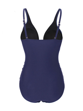 女性ワンピース水着ネイビープリーツVネック非対称レイズドウエストライクラスパンデックスサマービーチ水着