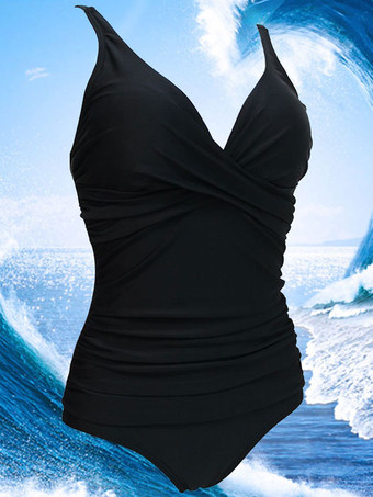 女性ワンピース水着ネイビープリーツVネック非対称レイズドウエストライクラスパンデックスサマービーチ水着