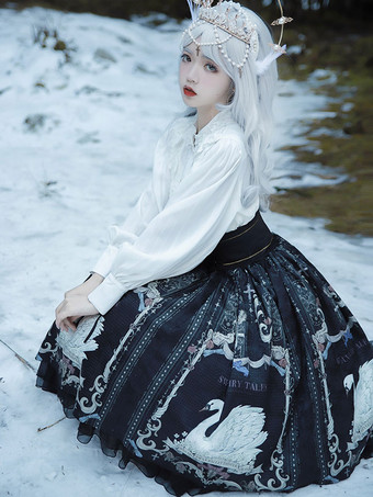 甘いロリータSKドレス白鳥柄フリルポリエステルバックロリータスカート