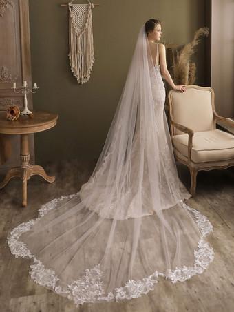 milanoo.com Ivory Wedding Veils One-Tier Lace Tulle Finished Edge Waterfall Bridal Veil