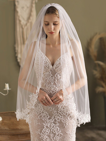 Véu de noiva Véu de tule com aplicação de borda gota Véu de noiva