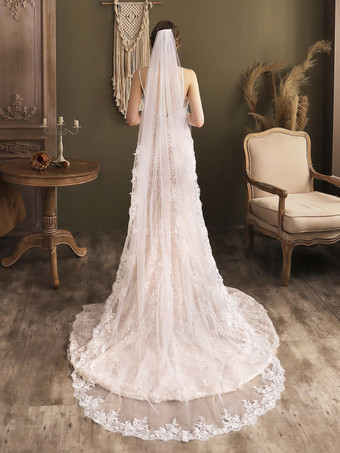Voiles de mariée en dentelle Voiles de tulle à un niveau Applique Voiles de mariée en cascade