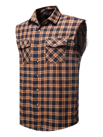 Camisa casual del hombre Cuello de conversión de la talla casual Plaid Red Men '' s Shirts