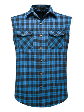azul Camisa casual del hombre Cuello de conversión de la talla casual Plaid Red Men '' s Shirts