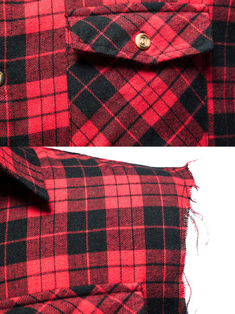 Camisa casual del hombre Cuello de conversión de la talla casual Plaid Red Men '' s Shirts