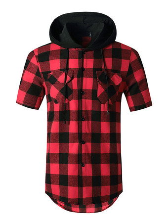 rojo Camisa Casual para Hombre Capucha Casual Tela Escocesa Red Men '' s Shirts