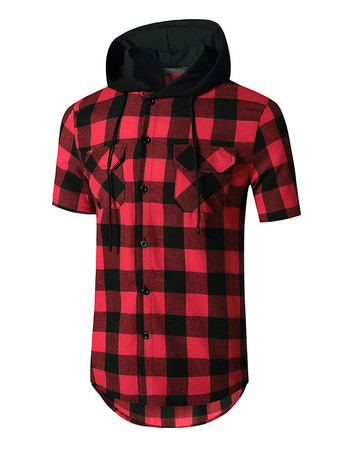 Camisa Casual para Hombre Capucha Casual Tela Escocesa Red Men '' s Shirts