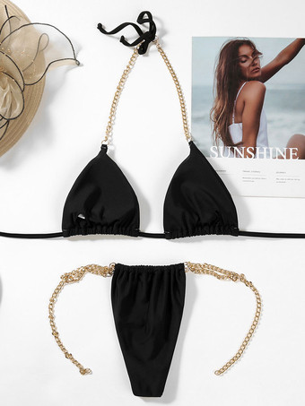 ブラックのセクシーなビキニ水着 ストラップ付き ノースリーブ チェーンディテール ビーチ水着 レディース