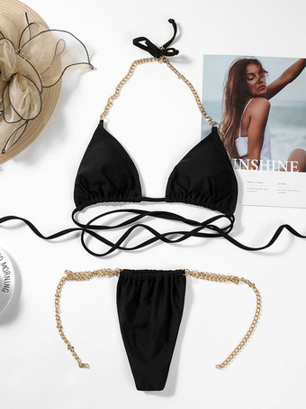 ブラックのセクシーなビキニ水着 ストラップ付き ノースリーブ チェーンディテール ビーチ水着 レディース