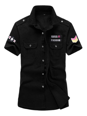 negro Casual Camisa para Hombre Cuello de Turndown Casual Asimétrico Patchwork Dark Navy Men '' s Shirts