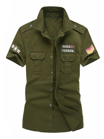 verde cazador Casual Camisa para Hombre Cuello de Turndown Casual Asimétrico Patchwork Dark Navy Men '' s Shirts