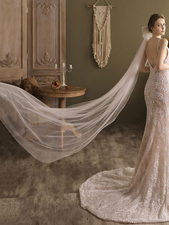 Ivory Wedding Veils One-Tier Tulle Finished Edge Waterfall Long Bridal Veil  - Milanoo.com