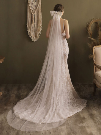 Ivory Wedding Veils One-Tier Tulle Finished Edge Waterfall Long Bridal Veil  - Milanoo.com