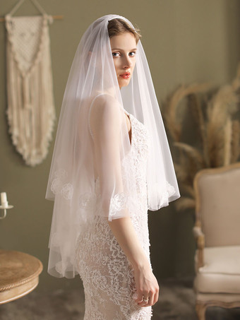 White Tulle Wedding Veils Two-Tier Lace Drop Bridal Veils – Ballbella