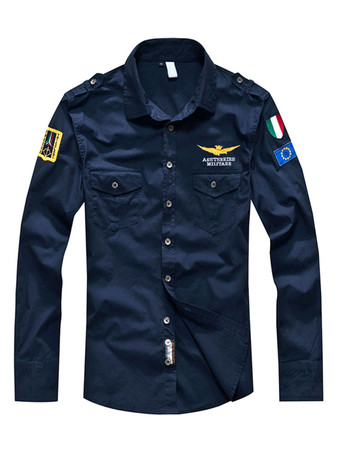 Deep Blue Casual Shirt For Men Turndown Collar Casual Asymmetrical Patchwork Hunter Green Men's Shirts